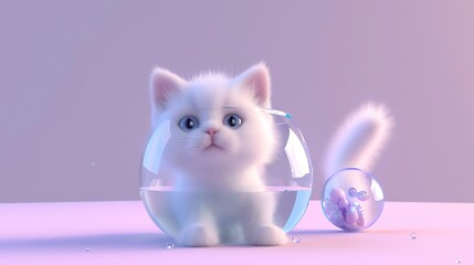 Canvas Print - A fluffy white kitten with blue eyes sits inside a fishbowl.