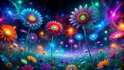 Sticker - Cosmic Bloom: A Galactic Garden of Neon Flowers  AI Generated