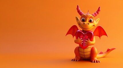 Canvas Print - A cartoon dragon holding a heart on an orange background.