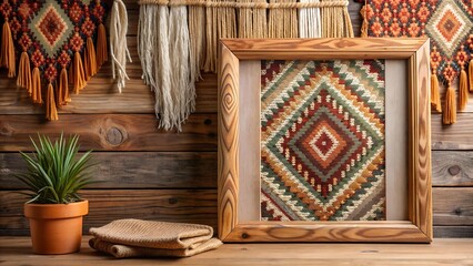 Boho Chic: Wooden Frame with a Geometric Tapestry in a Stylish Setting  AI generated