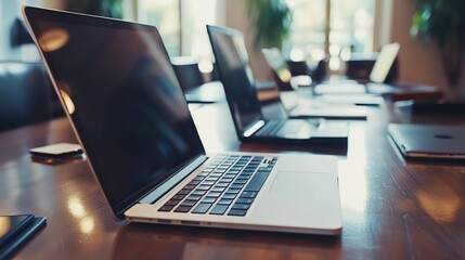 Wall Mural - A laptop computer on a wooden desk with other laptops and a tablet out of focus in the background.