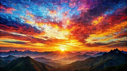 Canvas Print - Vibrant Sunset Over a Mountain Range Mosaic  AI Generated