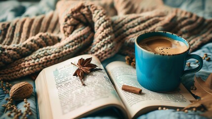 Wall Mural - A cozy winter scene with a cup of coffee, an open book and a knitted blanket.