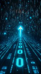 Poster - Futuristic digital landscape with glowing neon arrows and flowing data streams in an abstract 3D rendering