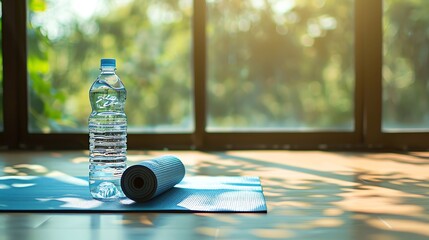 Canvas Print - A yoga mat and a water bottle in a home studio.