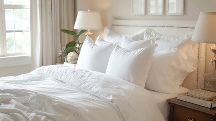 Poster - A bed with white sheets and pillows, and a bedside table with a book.