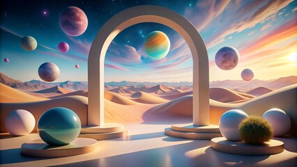 Poster - Ethereal Pastel Oasis: A Surreal Landscape for Product Display  Generative AI