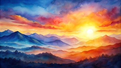 Poster - Abstract Watercolor Bleed of a Sunset Over a Mountain Range  AI generated