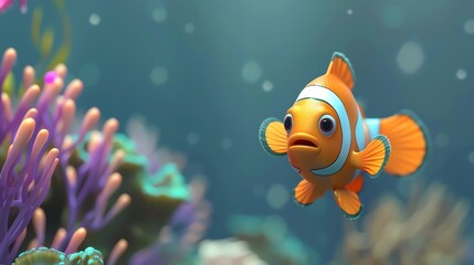 Poster - A cartoon clownfish swimming in a coral reef.