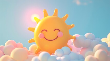 Poster - A cartoon sun with a happy face is smiling in a blue sky with clouds.