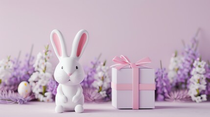 Canvas Print - A white bunny and a gift with a pink ribbon in front of a purple background.