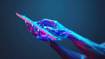 Wall Mural - A 3D render of a glowing, geometric hand holding a glowing, digital tablet in front of a blue background.