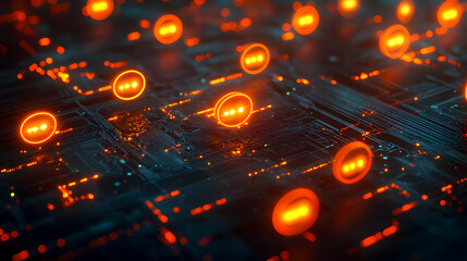 Wall Mural - Glowing neon futuristic circuit board technology abstract background with illuminated microchips digital grid and vivid electronic elements