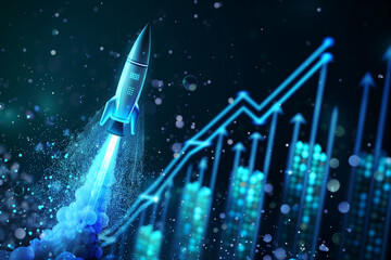 a dark-themed digital artwork featuring a sleek futuristic rocket launching amidst a rising graph, s