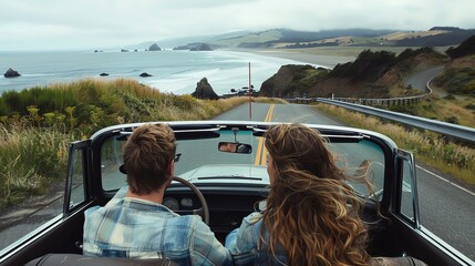 Poster - A couple drives a convertible along a scenic road overlooking the ocean.