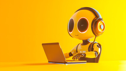 Poster - An intelligence robot or digital assistant working diligently on a laptop computer in a bright yellow conceptual background representing futuristic technology innovation and digital transformation
