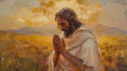 Wall Mural - A detailed painting of Jesus Christ, wearing a white robe, praying with hands clasped, calm and compassionate face, sunset light casting golden hues, open field background