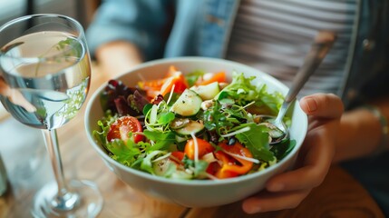 Sticker - A person holds a bowl of salad with a glass of water next to it.