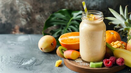 Poster - A smoothie with a straw and fruit around it, on a wooden table.