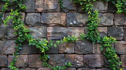 Classic old brick wall covered in moss.	
