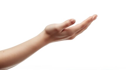 Poster - Young female right hand hold something medium sized isolated on white : Generative AI