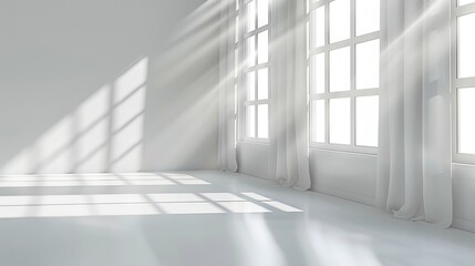 Leinwandbilder - Abstract White Studio Background for Product Presentation with Window Shadows and Sunlight Blurred Backdrop Empty Room With Copy Space : Generative AI