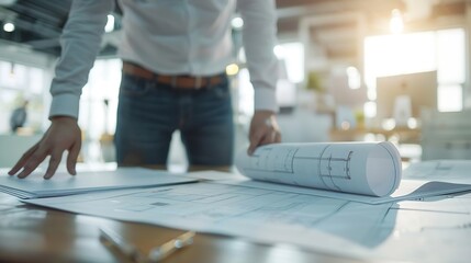 Poster - Brainstorming group of architects and engineers discuss building blueprint design paperwork and drawing construction project planning on wooden table in office Construction project bud : Generative AI