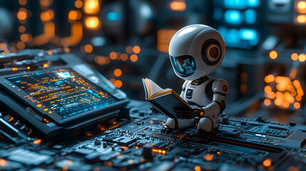 Poster - Robotic arm closely examining and inspecting a complex circuit board in a futuristic high tech digital environment with glowing lights and technological elements  The concept of intelligence