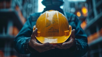 Wall Mural - Helmet construction Engineer team Men hands holding hardhat yellow work helmet in Civil Construction Engineering Close up engineer man hold safety yellow worker helmet hard hat at Cons : Generative AI