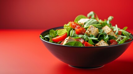 Poster - Vegetarian green salad on trendy red background with hard shadow Green bowl with vegetables and tofu in minimal style Contemporary food menu Healthy food in modern concept : Generative AI