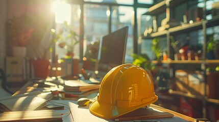 Poster - Construction team shake hands greeting start new project plan behind yellow helmet on desk in office center to consults about their building project in sun light : Generative AI