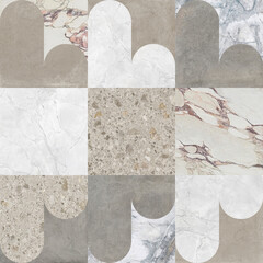 Creative patchwork pattern stone ceramic wallpaper design. White marble