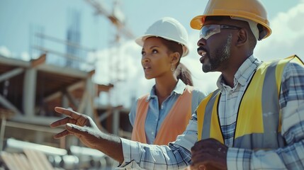 Poster - Engineer and female foreman worker team checking project at precast factory site Engineer and builders in hardhats discussing on construction site : Generative AI