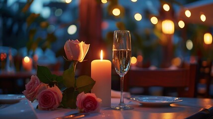 Wall Mural - Candlelight date in restaurant Champagne glasses bouquet flowers Romantic dinner setup at night Table setting for couple Valentines Day evening burning candles for surprise marriage pr : Generative AI