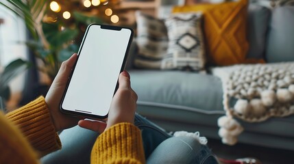 Aufkleber - Mock up white screen blank mobile phone in woman hands holding sitting on armchair at home Back view : Generative AI
