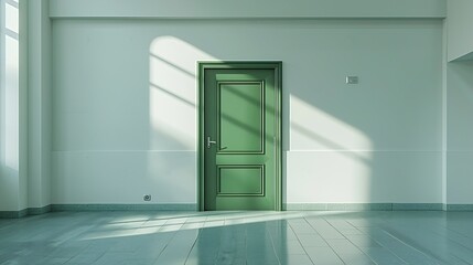 Poster - Interior of bright white room with green closed door in modern hospital : Generative AI