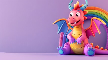 Sticker - A colorful cartoon dragon sitting in front of a rainbow on a purple background.