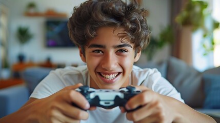 Wall Mural - Hispanic teenager playing video game holding controller pointing aside with hands open palms showing copy space presenting advertisement smiling excited happy : Generative AI