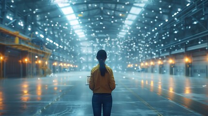 Poster - Industry 40 Modern Warehouse Female Engineer in Empty Warehouse Uses Digital Tablet Computer with Augmented Reality Software for Future Factory or Warehouse Layout Concept Shot of Augm : Generative AI