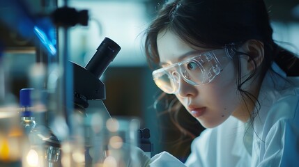 Poster - Scientist analyze biochemical samples in advanced scientific laboratory Medical professional use microscope look microbiological developmental of viral Biotechnology research in scienc : Generative AI