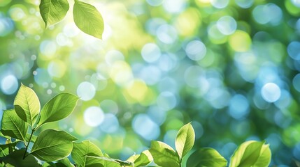 Summer background of blue and green blurred foilage and sky with bright bokeh Blurry abstract summer background Natural green leaves using as cover page greenery environment ecology ba : Generative AI