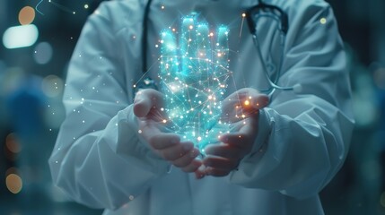 Aufkleber - Health care and medical AI technology services conceptMedical worker hold virtual medical revolution and advance of technology Artificial Intelligence and technology for future Health : Generative AI