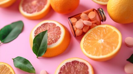 Poster - Citrus fruit and fresh leaves spreading out of pill bottle on pastel pink background Creative supplementary health food nutrition Boost immune system with vitamin tablets Flat lay copy : Generative AI