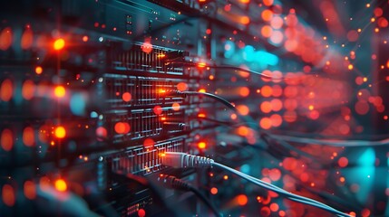 Poster - blur technology data center room defocus fiber optic cable and network router switch in data center room for background and wallpaper : Generative AI