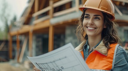 Leinwandbilder - Stylish happy woman architect checking blueprints against modern farmhouse construction site Young female engineer or construction worker in hardhat with plans of new modern house : Generative AI