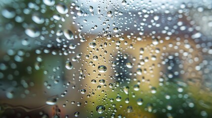 Poster - Rain drops on window glass close up background texture View on rainy street town from home : Generative AI