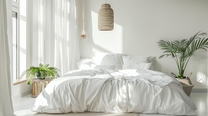 Poster - A white bedroom with a large bed and a potted palm tree.