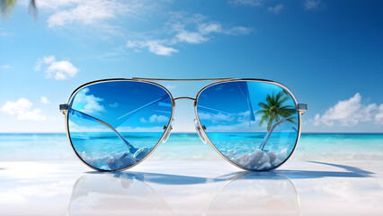 Stylish aviator sunglasses reflecting a tropical beach scene, isolated on white background, full depth of field