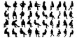 © Xharites - silhouette of sitting people man woman, men women Vector silhouettes of men women, a group of sitting on a bench chair business people, profile, black color isolated on white background