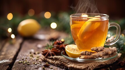 Aufkleber - Winter hot healing tea with ginger honey lemon and spices in glass cup with steam rustic wooden background Christmas table settings : Generative AI